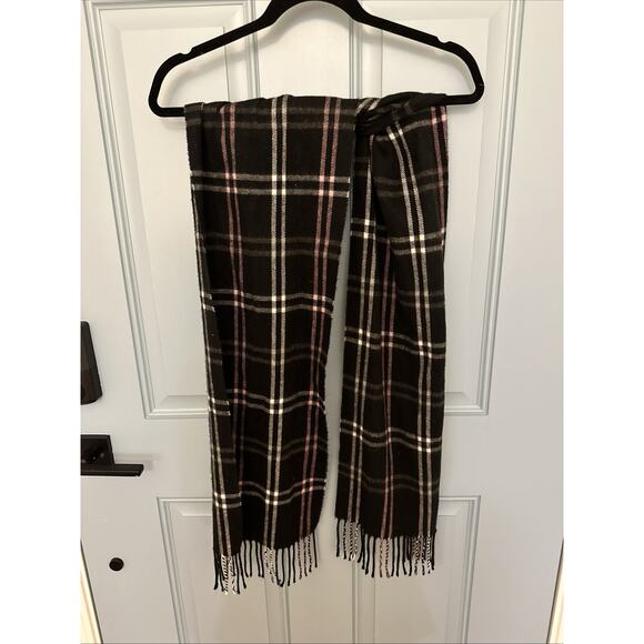 Cejon Plaid‎ Scarf 70" x 11" Fringed Acrylic Made in Italy Black Pink White - Picture 1 of 5